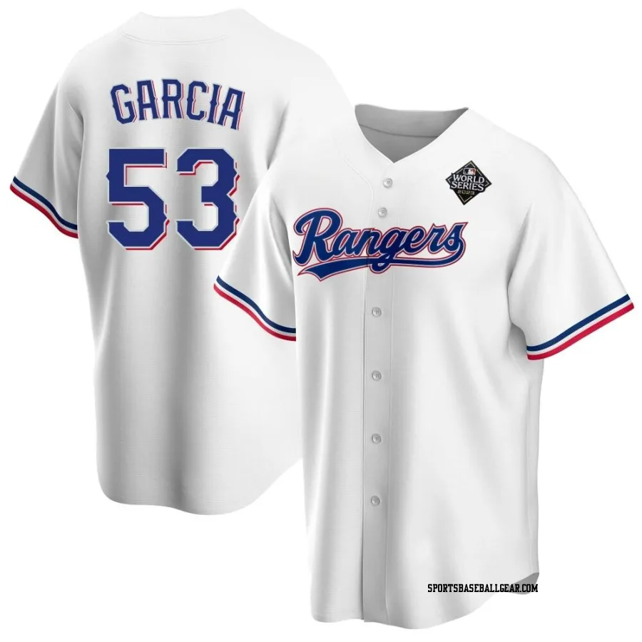 Adolis Garcia Men's Texas Rangers White Replica Home 2023 World Series Jersey