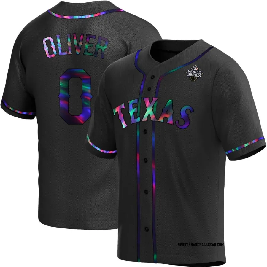 Al Oliver Youth Texas Rangers Black Holographic Replica Alternate 2023 World Series Jersey