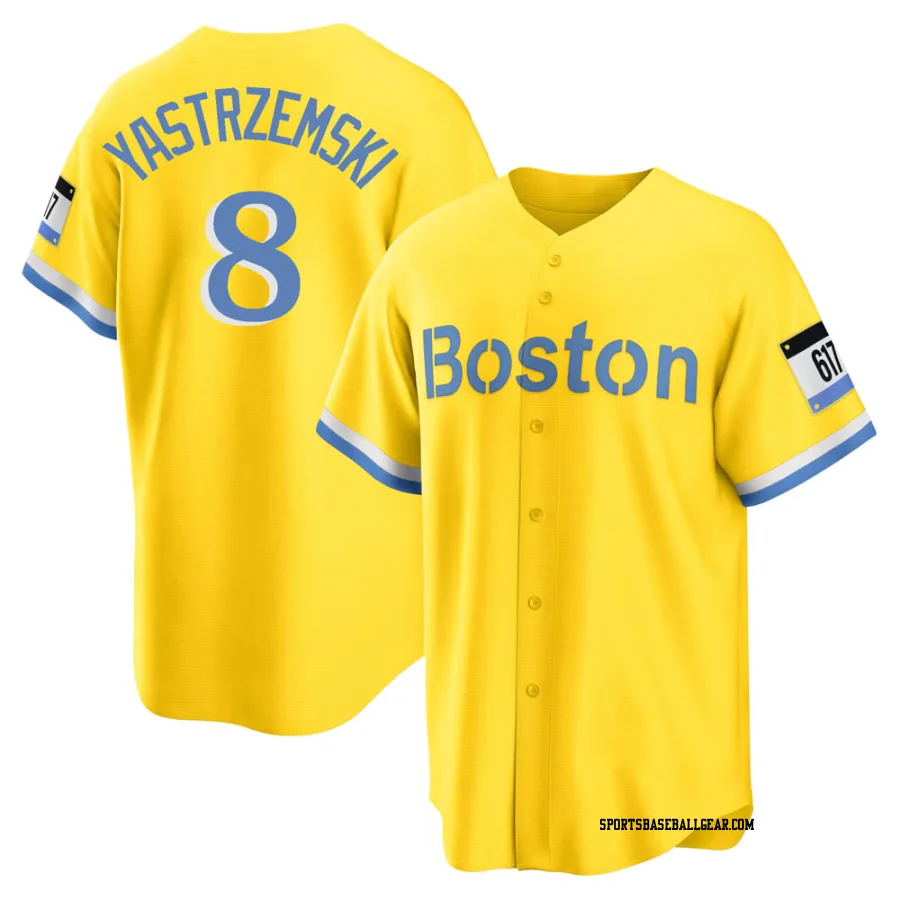 Carl Yastrzemski Youth Boston Red Sox Gold/Light Replica Blue 2021 City Connect Player Jersey