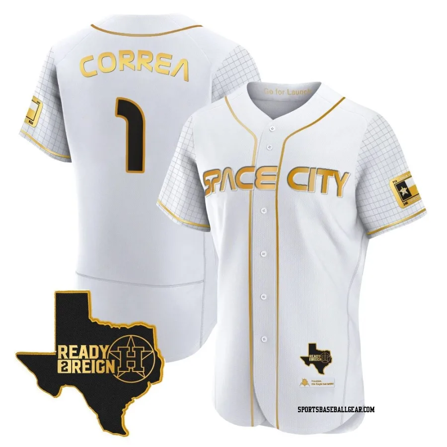 Carlos Correa Men's Houston Astros White/Gold Authentic 2023 Space City Ready 2 Reign Flex Base Jersey