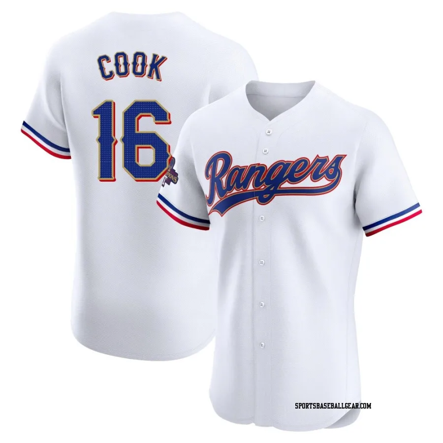 Casey Cook Men's Texas Rangers Gold Elite White 2024 Collection Jersey