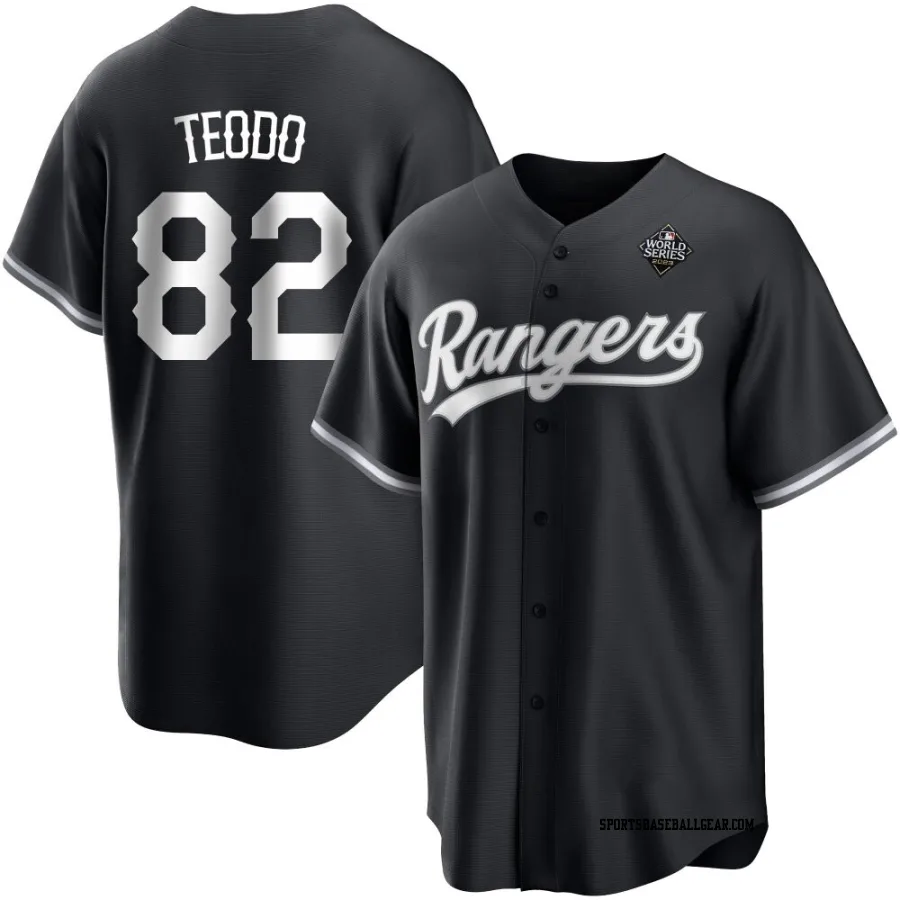Emiliano Teodo Men's Texas Rangers White Replica Black 2023 World Series Jersey