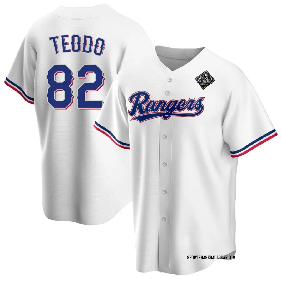 Emiliano Teodo Men's Texas Rangers White Replica Home 2023 World Series Jersey