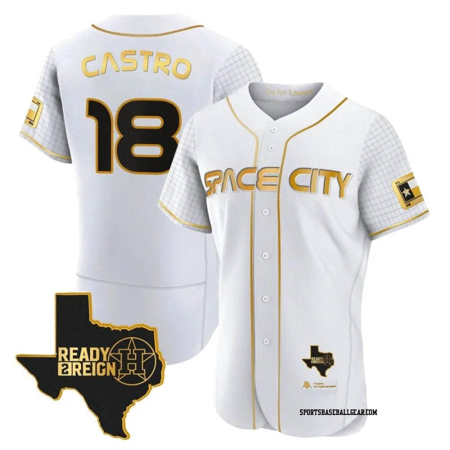 Jason Castro Men's Houston Astros White/Gold Authentic 2023 Space City Ready 2 Reign Flex Base Jersey