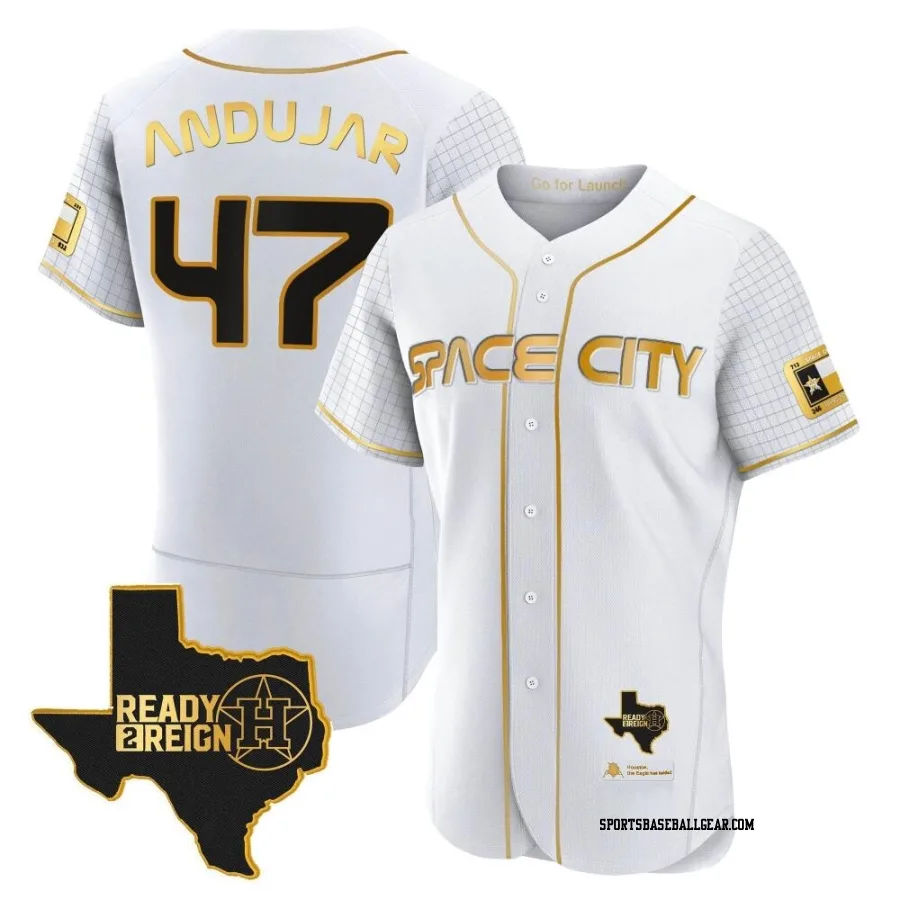Joaquin Andujar Men's Houston Astros White/Gold Authentic 2023 Space City Ready 2 Reign Flex Base Jersey