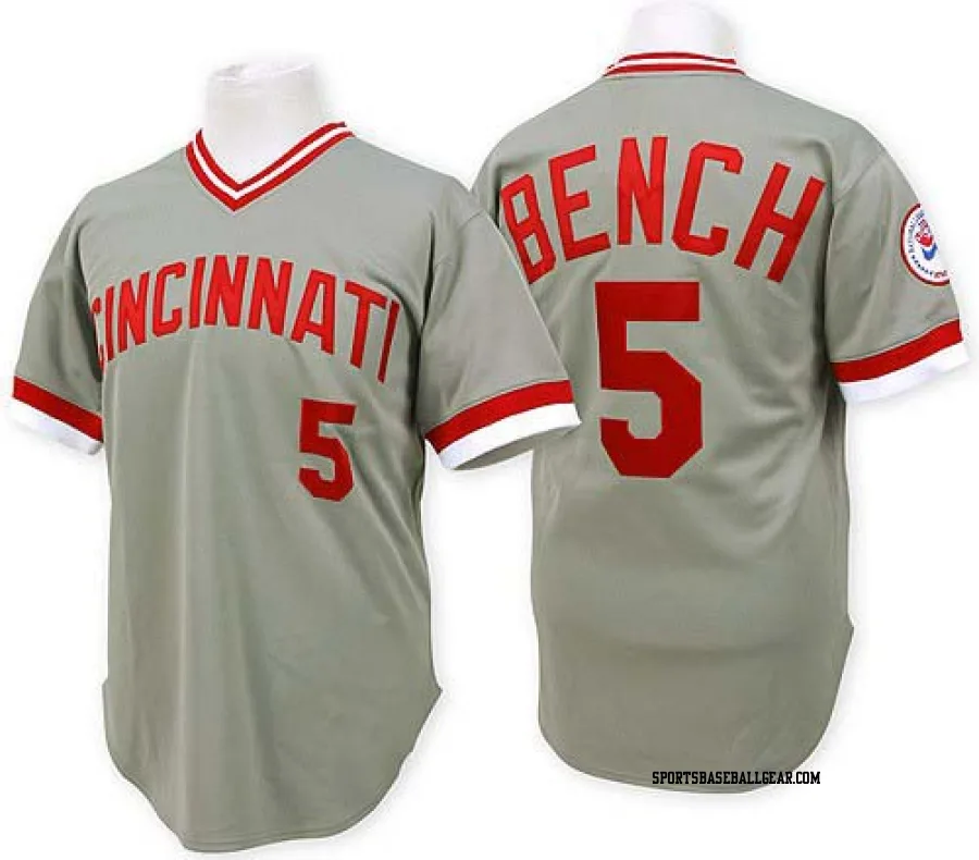 Johnny Bench Men's Cincinnati Reds Grey Replica Throwback Jersey