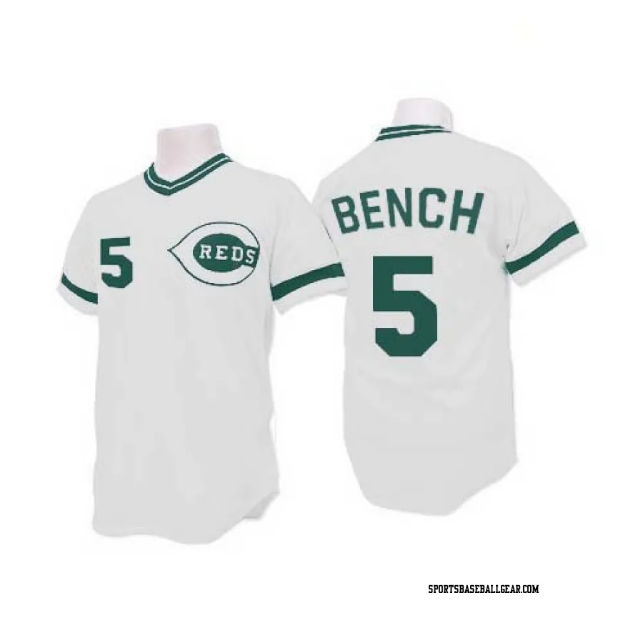 Johnny Bench Men's Cincinnati Reds White Authentic (Green Patch) Throwback Jersey