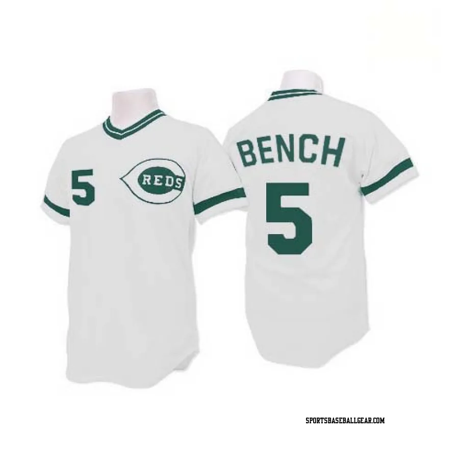 Johnny Bench Men's Cincinnati Reds White Replica (Green Patch) Throwback Jersey
