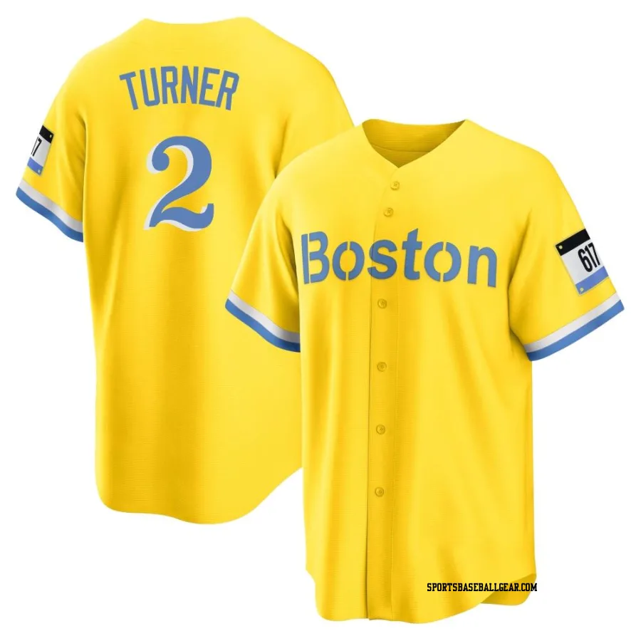 Justin Turner Youth Boston Red Sox Gold/Light Replica Blue 2021 City Connect Player Jersey