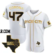 Kenedy Corona Men's Houston Astros White/Gold Authentic 2023 Space City Ready 2 Reign Flex Base Jersey