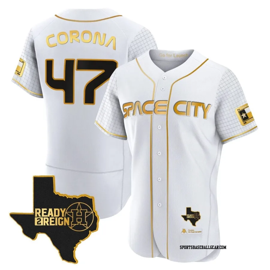 Kenedy Corona Men's Houston Astros White/Gold Authentic 2023 Space City Ready 2 Reign Flex Base Jersey
