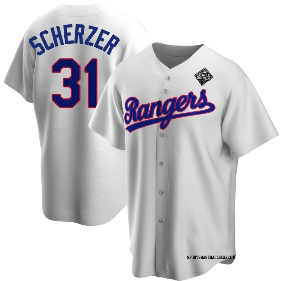 Max Scherzer Men's Texas Rangers White Replica Home Cooperstown Collection 2023 World Series Jersey