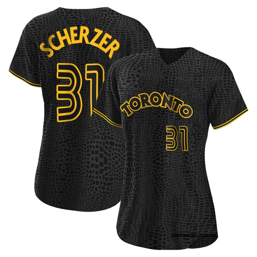 Max Scherzer Women's Toronto Blue Jays Black Replica Snake Skin City Jersey