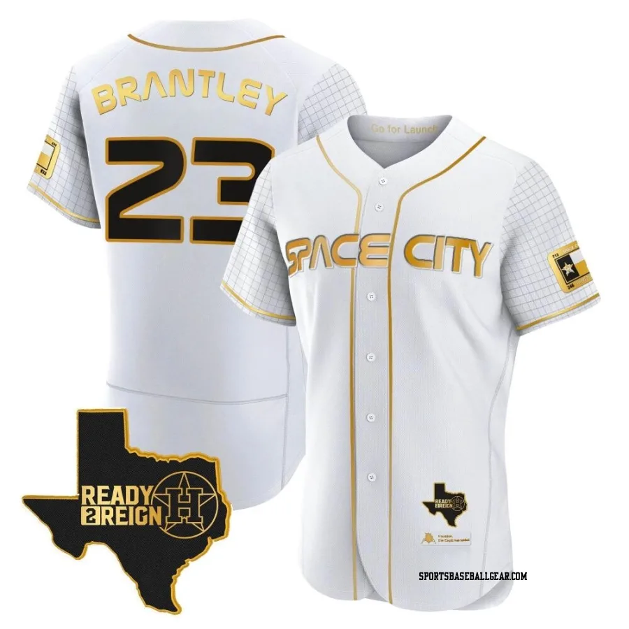 Michael Brantley Men's Houston Astros White/Gold Authentic 2023 Space City Ready 2 Reign Flex Base Jersey