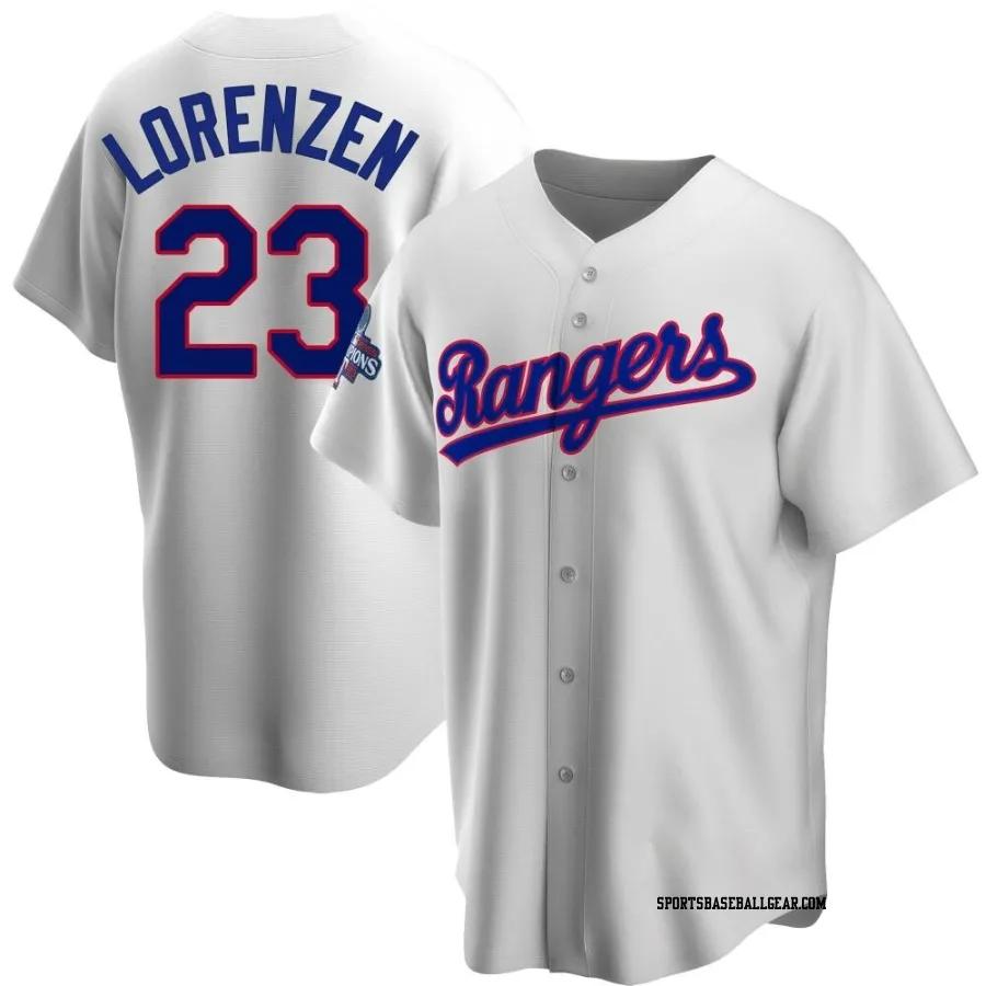 Michael Lorenzen Men's Texas Rangers White Replica Home Cooperstown Collection 2023 World Series Champions Jersey
