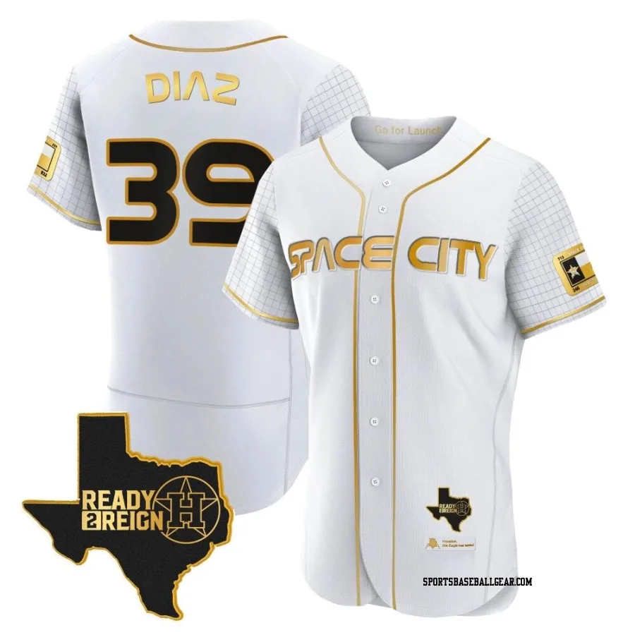 Miguel Diaz Men's Houston Astros White/Gold Authentic 2023 Space City Ready 2 Reign Flex Base Jersey