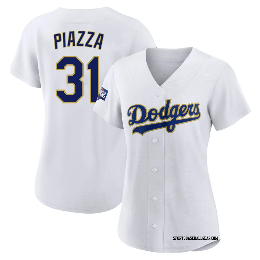 Mike Piazza Women's Los Angeles Dodgers White/Gold Replica 2021 Gold Program Player Jersey