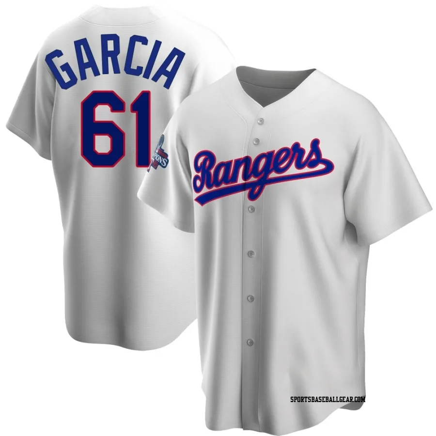 Robert Garcia Youth Texas Rangers White Replica Home Cooperstown Collection 2023 World Series Champions Jersey
