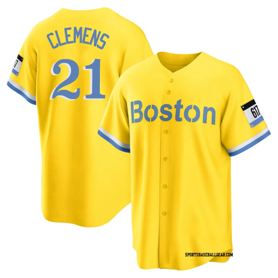 Roger Clemens Men's Boston Red Sox Gold/Light Replica Blue 2021 City Connect Player Jersey