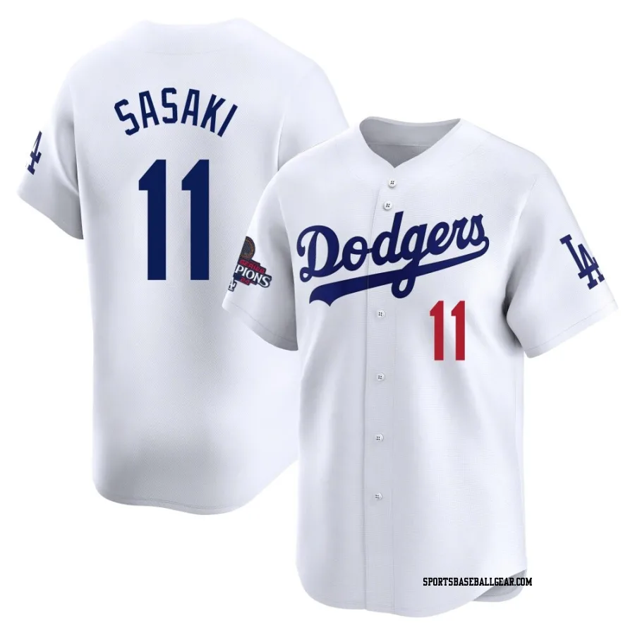 Roki Sasaki Men's Los Angeles Dodgers White Limited Home 2024 World Series Champions Jersey