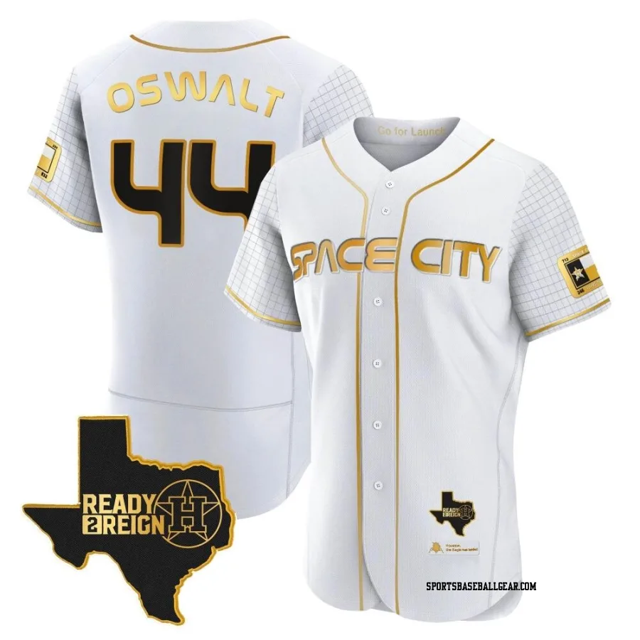Roy Oswalt Men's Houston Astros White/Gold Authentic 2023 Space City Ready 2 Reign Flex Base Jersey