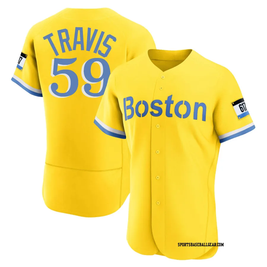 Sam Travis Men's Boston Red Sox Gold/Light Authentic Blue 2021 City Connect Jersey