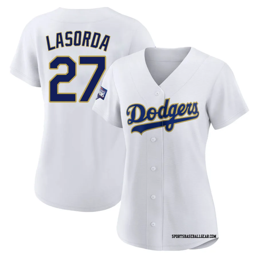 Tommy Lasorda Women's Los Angeles Dodgers White/Gold Replica 2021 Gold Program Player Jersey