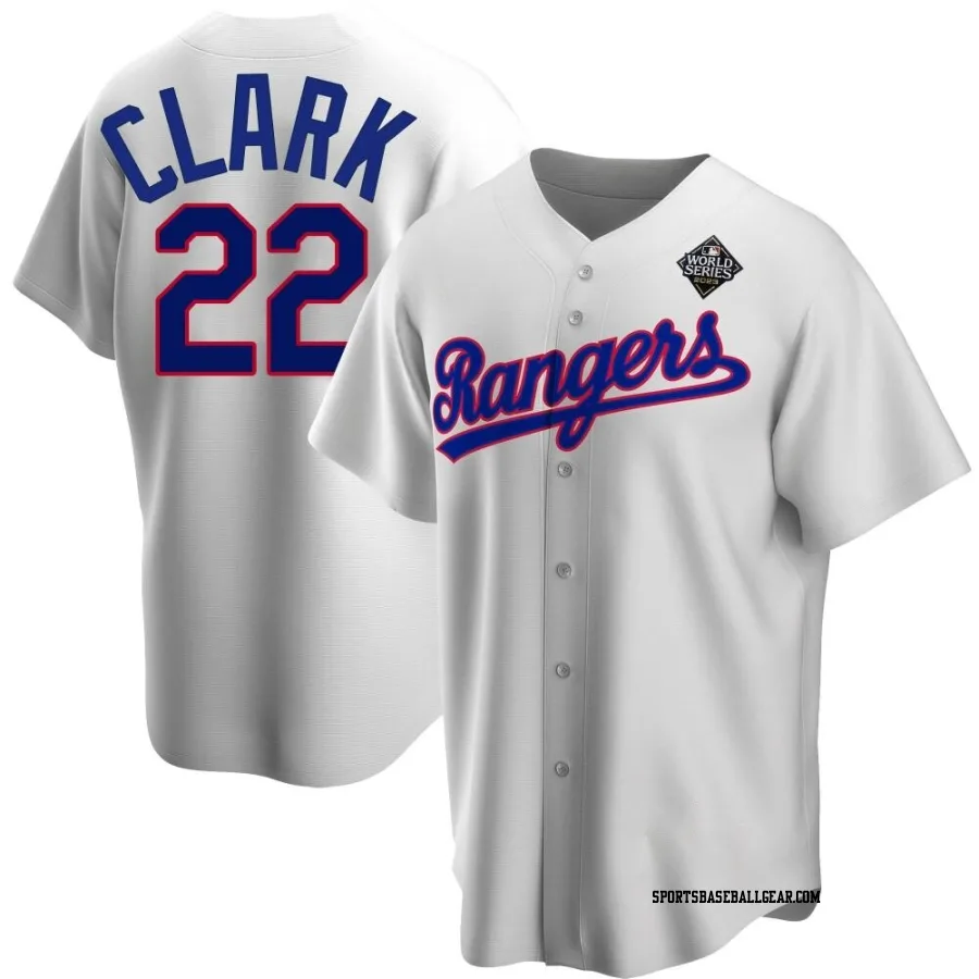 Will Clark Youth Texas Rangers White Replica Home Cooperstown Collection 2023 World Series Jersey